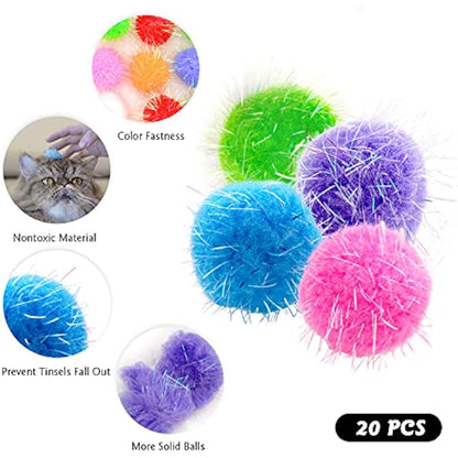 RIMOBUL 20PCS 1.5INCH Extra Large Cat's Favorite Chase Glitter Ball Toy Sparkle Pom Pom Balls