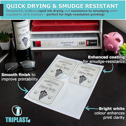 Triplast 100 x Multipurpose A4 Label Sheets - 24 Labels Per Sheet (64 x 34mm Each) - Easy Peel White Labels for Inkjet & Laser Printer - Address Labels, Shipping Labels, File Labels, DIY Stickers