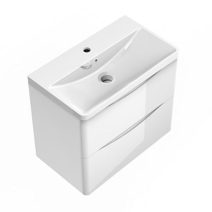 Biubiubath 600mm Bathroom Sink Unit with Basin Gloss White 2 Soft Close Drawers Wall Mounted Bathroom Suite with Vanity Unit Modern Smile Handle