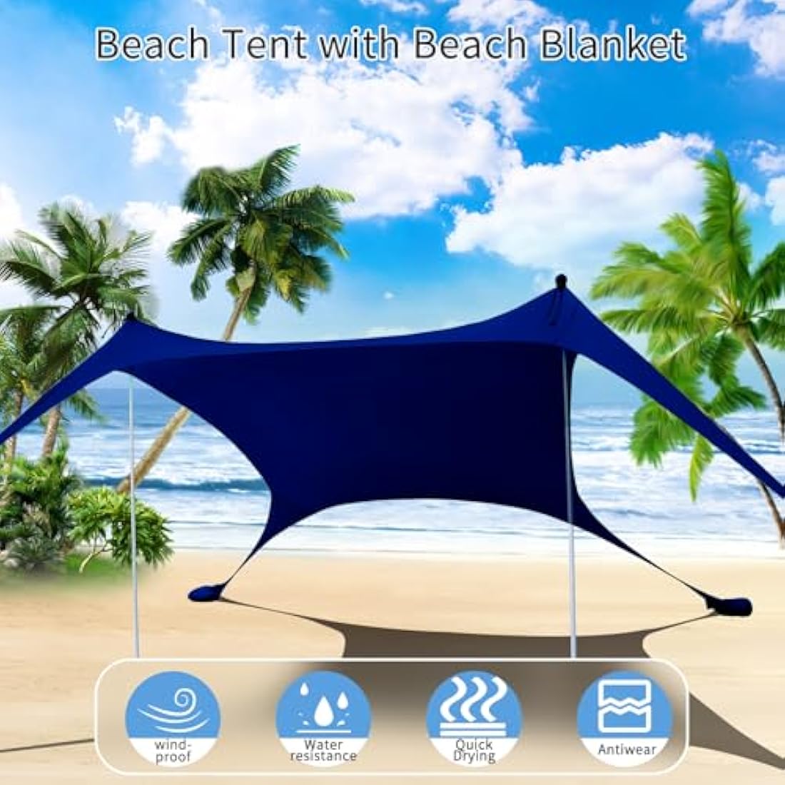 CUUPO 7×7 FT Beach Tent Sun Shelter UPF50+ UV Protection, Outdoor Small Canopy Tent Sun Shade with 2 Poles for Camping, Beach, Fishing, Backyard and Picnics Navy Blue