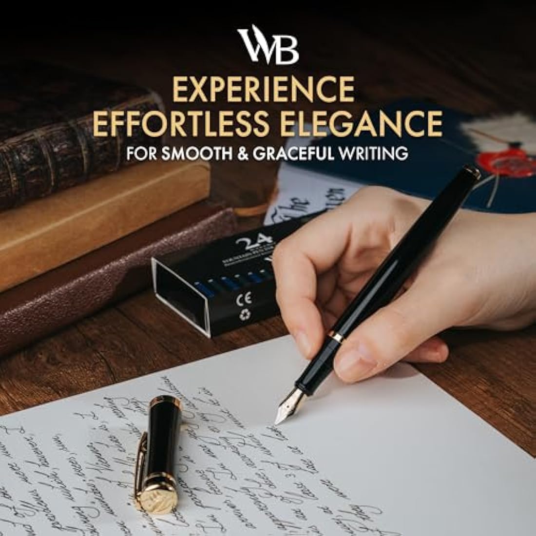 Wordsworth & Black Fountain Pen Set, 18K Gilded Fine Nib, Includes 24 Pack Ink Cartridges, Ink Refill Converter & Gift Box, Gold Finish, Calligraphy, [Black Gold], Perfect for Men & Women