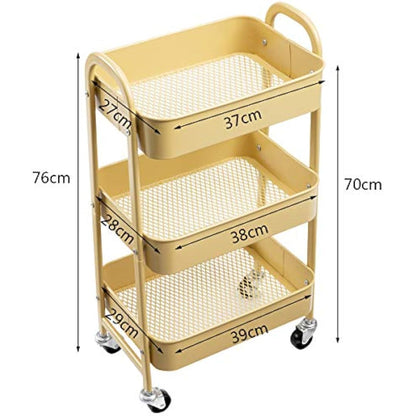 DOEWORKS Storage Trolley on Wheels 3-Tier Metal Storage Cart Rolling Kitchen Trolley Beauty Trolleys Craft Trolleys Utility Cart for Room Bathroom Office, Khaki Yellow