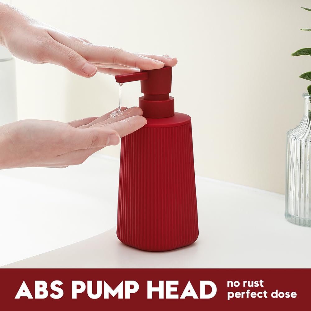 Small Soap Dispenser for Bathroom and Kitchen, Modern Farmhouse Striped Style Plastic Hand Soap Dish Soap Dispenser with Pump Matte Red