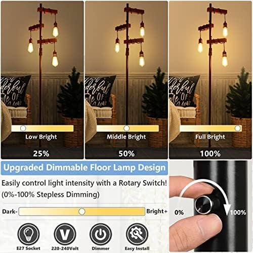 Rayofly Industrial Dimmable Floor Lamps, Farmhouse 3-Lights Wooden Standing Lamp, Vintage Tree Tall Light, E27 LED, Metal Black Brown Floor Lamp for Living Room, Bedroom, Sofa, Corner, Rustic Home