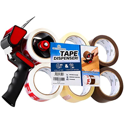 DECO EXPRESS Packaging Tape Dispenser Gun and 6 Rolls Parcel Tape Strong Brown Fragile Clear Heavy Duty for Packing Boxes Moving House Essentials (Dispenser Mixed, 1 Pack)