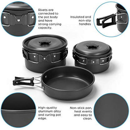 Odoland Camping Cookware Set with Pots and Frying Pan Cup Plates Folding Cutlery Gavette for 1-2 People Lightweight and Compact for Camping Trekking Picnic Hiking