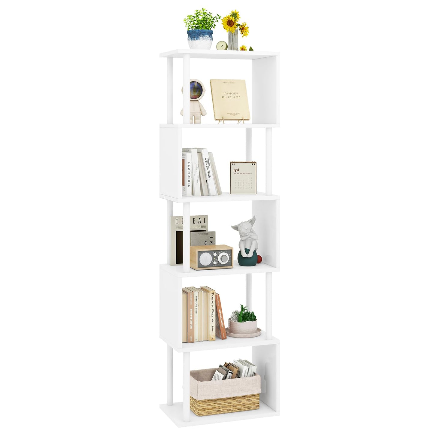 IBUYKE 6-Tier Tall Bookshelf,S-Shaped Geometric Bookcase,White WBC016W