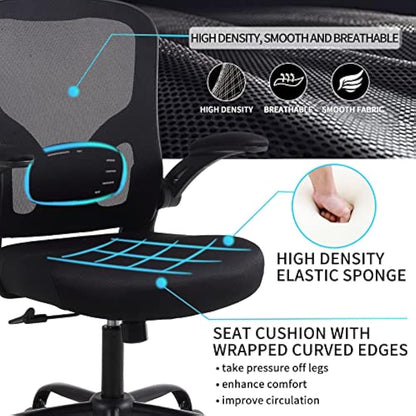 Youhauchair Office Chair, Breathable Mesh Swivel Desk Chair, Lumbar Back Support Ergonomic Office Chair, Computer Chair Office Chairs with Flip-up Armrests, Black