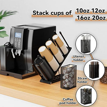 Ovicar Cup and Lid Holder - Adjustable 4 Compartment Disposable Cup Dispenser with Coffee Pod Straw Storage Basket for Bar Countertop Breakroom Metal Black
