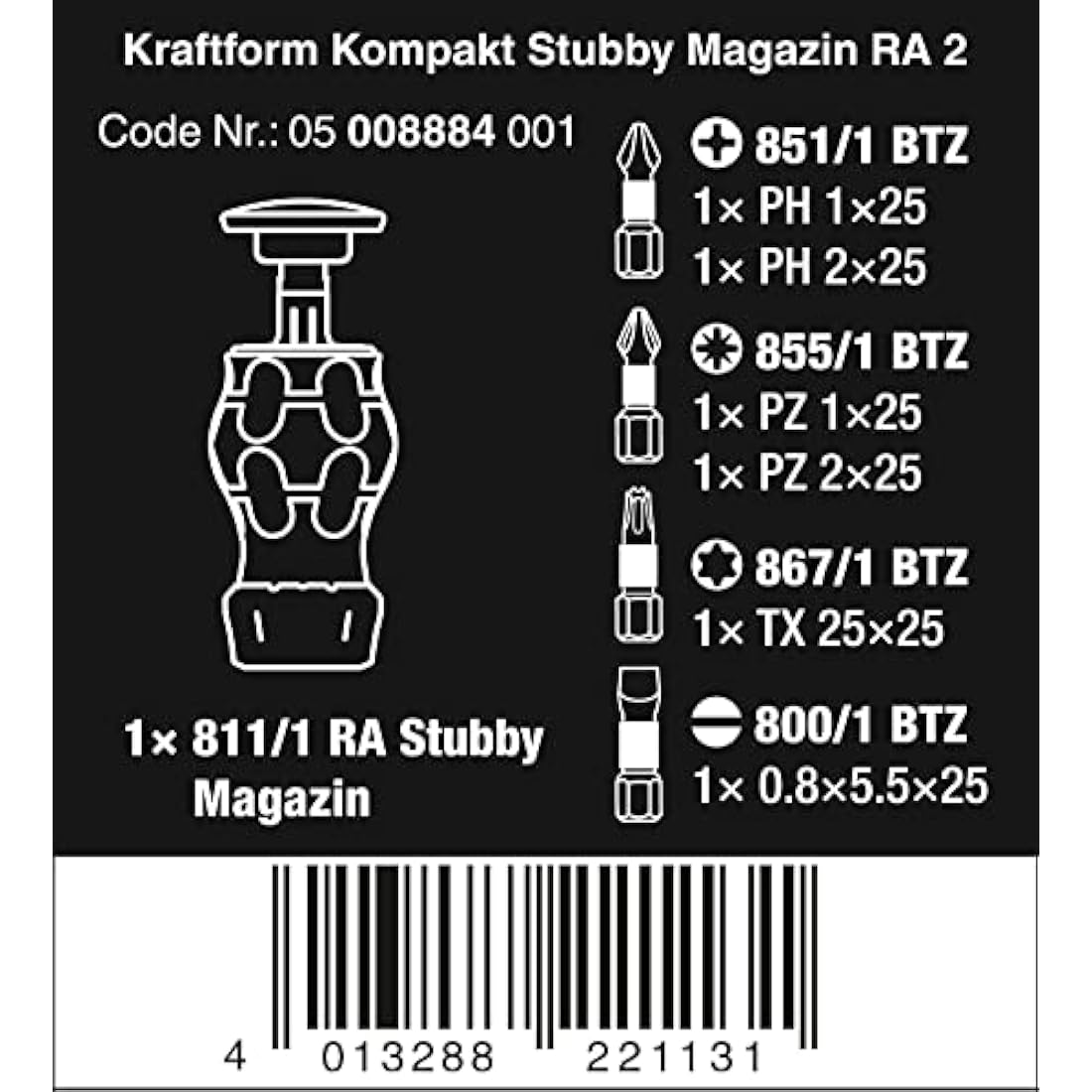 Wera 05008883001 Kraftform Kompakt Stubby Magazine RA 1, Stubby Ratchet Screwdriver with Bit Magazine, 6 Pieces