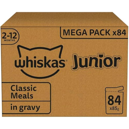 whiskas Junior Classic Selection in Gravy 84 Pouches, Wet Kitten and Cat Food, Selection of Beef, Lamb, Chicken and Poultry, Megapack (84 x 85 g)