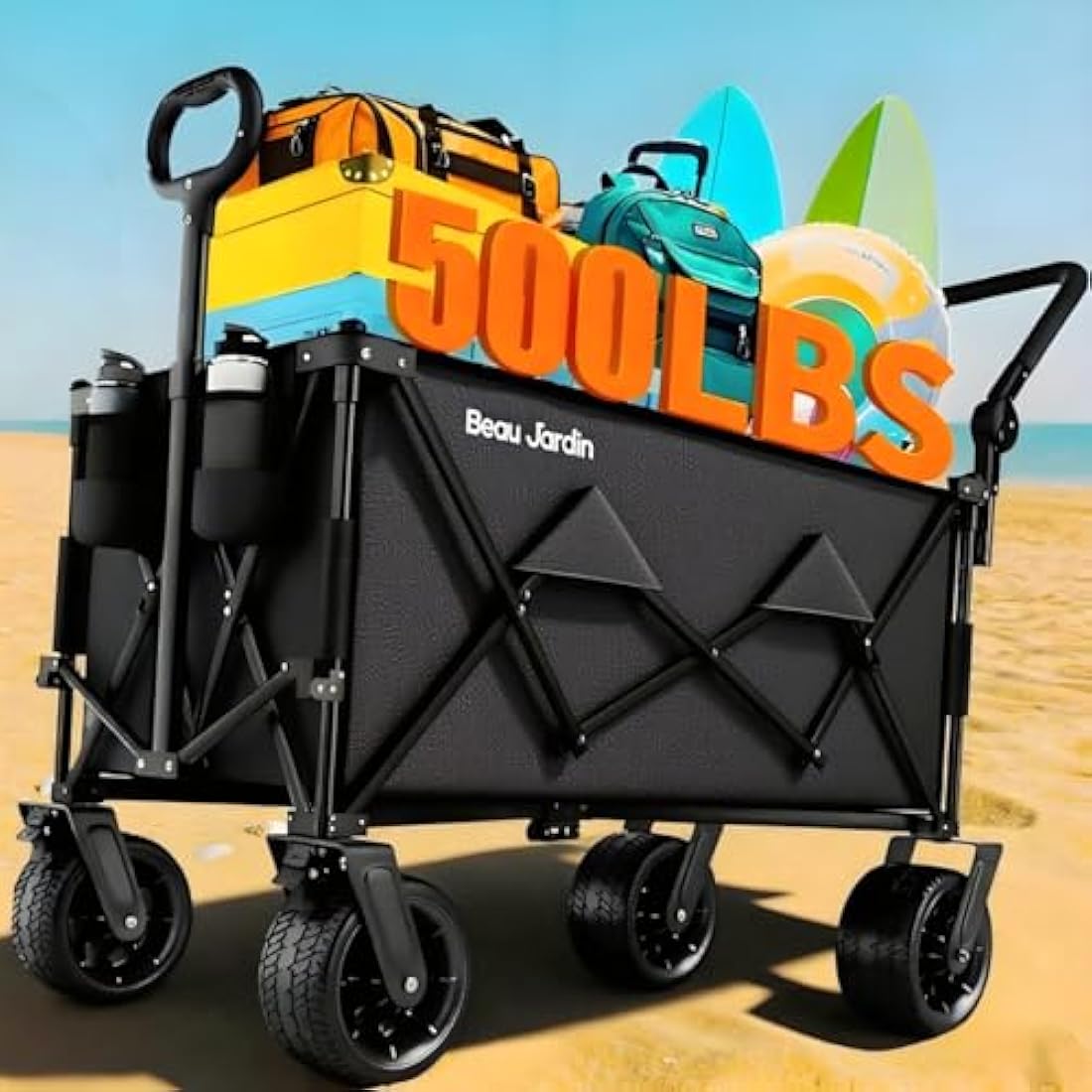 BEAU JARDIN XXL Festival Trolley Beach Cart - 220L 230KG(500LBS) Heavy Duty Folding Wagon All-Terrain Utility Wide Wheels for Camping & Shopping | Push & Pull Handle | Portable Collapsible | Black