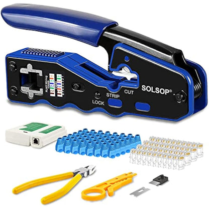 Solsop Network/Phone Cable Tester RJ45 Crimp Tool Pass Through Modular CAT6 Crimping Tool Kit, 50PCS CAT6 Pass Through Connectors, 50PCS RJ45 Boots, Mini Wire Stripper, Wire Cutter plier