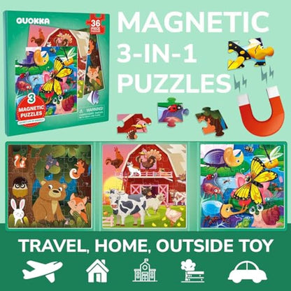QUOKKA Magnetic Puzzles for 2 3 Year Olds - Travel Games for Kids Age 4 5 - Travel Toys for Toddlers on Plane Car Ride - 36 pc Jigsaw Farm Animals Games For 3 year olds - Plane Activities For Kids