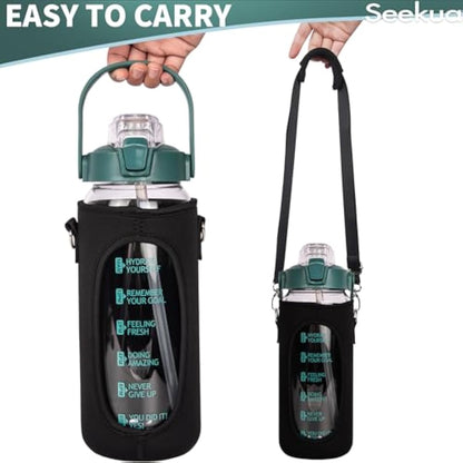 Seekua 2l Glass Water Bottle with Straw & Motivational Time Markings 2 litre Large Leakproof Gym Drinking Bottle