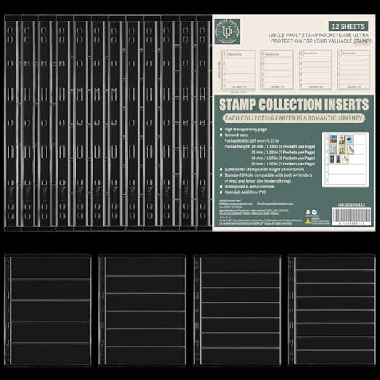 Postage Stamp Pages - 12 Sheets Clear Single-Sided Stamp Sleeves Inserts 5/6/7/8 Rows for Stamp Collection Binder IS02MX112