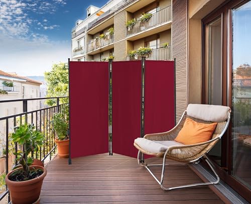 QUICK STAR Paravent 170 x 165 cm Fabric Room Devider Garden 3-Part Patrition Wall Foldable Balcony Privacy Screen Ruby Red
