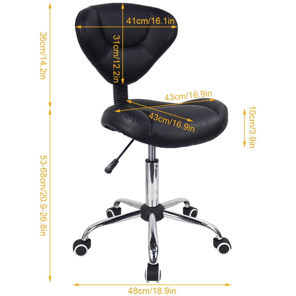 WKWKER Ergonomic Rolling Stool With Thick Cushion PU Leather Height Adjustable Swivel Stool For Work SPA Salon Tattoo With Back (Black)