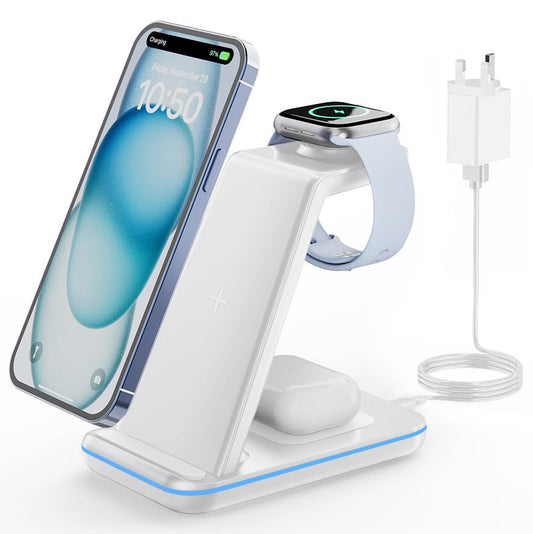 GEEKERA Wireless Charger Stand, 3 in 1 Wireless Charging Station for iPhone Air/17/16/15/14/13/12/11/XS/XR/X/8, Fast Charging Stand for Apple Watch