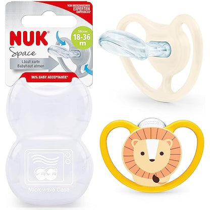 NUK Space Baby Dummy | 18-36 Months | Soothers with Extra Ventilation for Sensitive Skin | BPA-Free Silicone | Lion & Sun | 2 Count