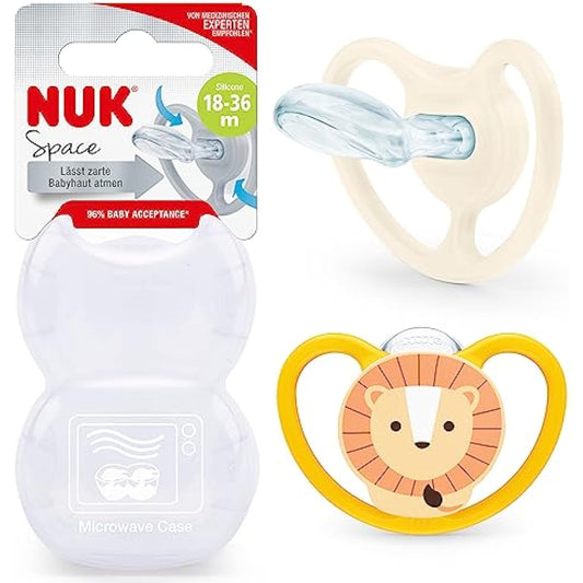 NUK Space Baby Dummy | 18-36 Months | Soothers with Extra Ventilation for Sensitive Skin | BPA-Free Silicone | Lion & Sun | 2 Count