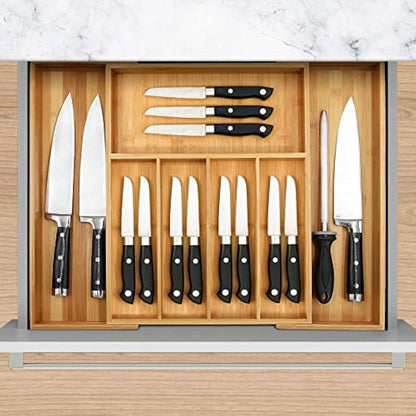VaeFae Bamboo Cutlery Drawer Organiser, Expandable Cutlery Tray, Wooden Drawer Dividers for Kitchen Utensils and Flatware (5-7 Slots)