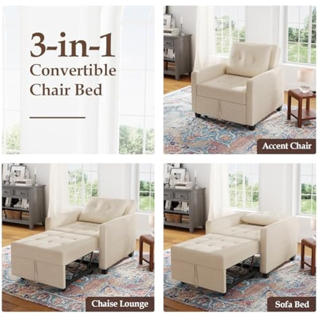 Vesgantti 3 in 1 Convertible Sofa Bed with Adjustable Backrest, Beige Fabric Single Sofa Bed Chair with Side Pockets, Foldable & Pull Out for Living Room