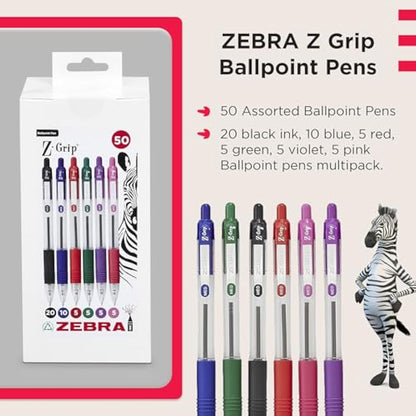 ZEBRA Z GRIP Assorted Ballpoint Pens, Retractable with Smooth Ink, Comfortable Grip and Pocket Clip Reliable Biro Medium Point 50 Pack 5 Assorted Colours