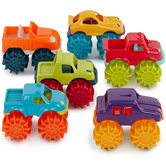 Battat – Plastic Toy Cars – 6 Pack & Storage Bag – Colorful Toddler Trucks – Easy To Clean – 2+ Years – Mini Monster Trucks