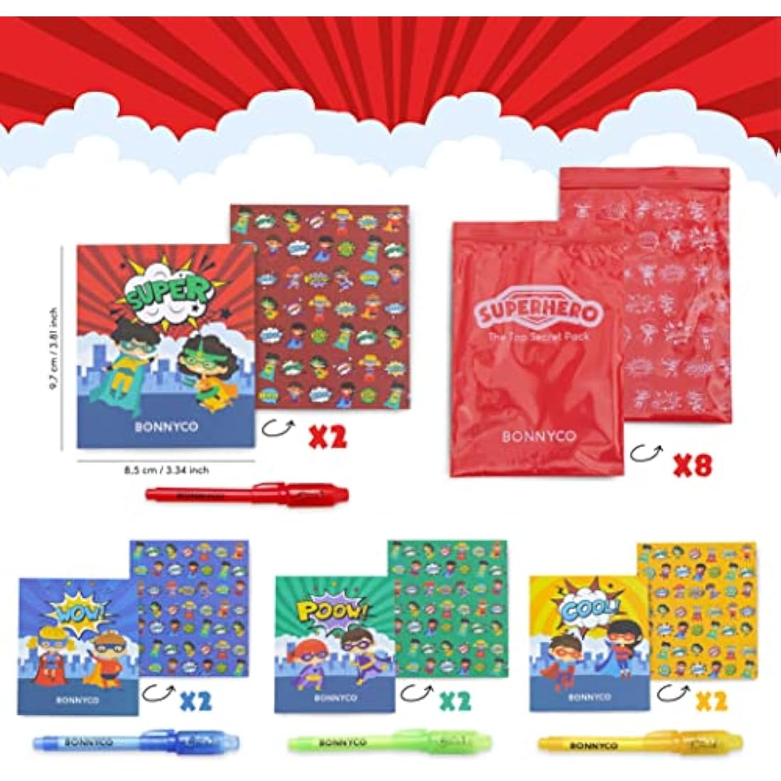 BONNYCO Invisible Ink Pen and Notebook, Pack 8 Superhero Superhero Party Bags Fillers, Pinata Toys | Birthday Decorations | Stocking Fillers for Kids Birthday | School Prizes, Gifts for Children