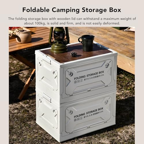 Folding Storage Box with Wood Lid, 50L Collapsible Storage Bin with Wheels and Locking Plate for Camping Car Picnic Organization