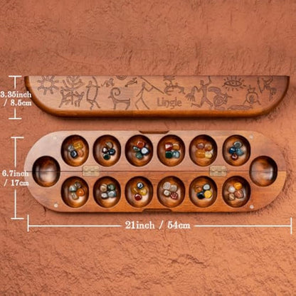 Deluxe Mancala Set: Real Wood Hinged Board with 48 Mixed Natural Gemstones - Authentic African Petroglyphs, Foldable Design for 2-Player Strategy Game