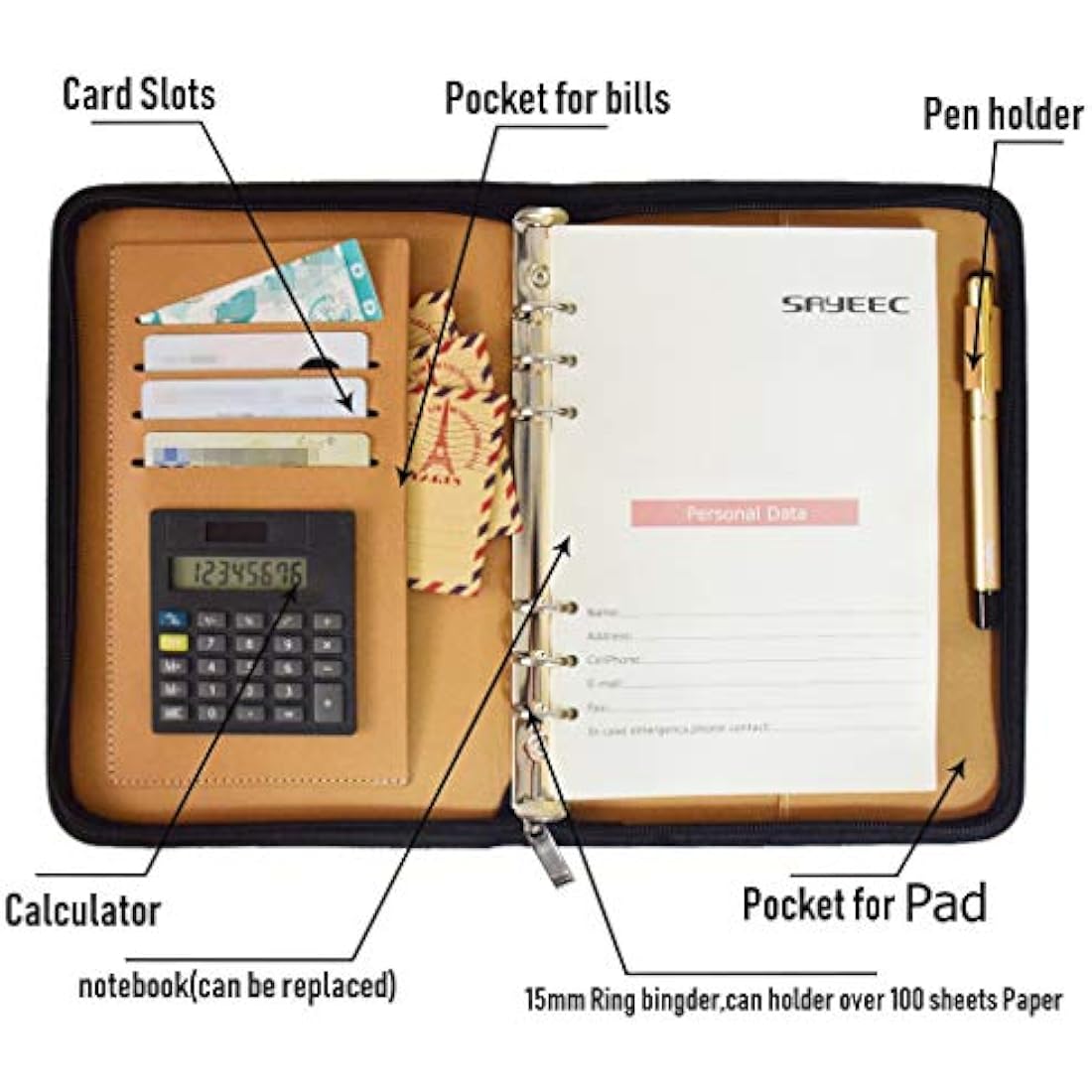 Gift for Men,SAYEEC A5 Executive Conference Folder Travel Portfolio Ringbinder Folio Zip Around PU Leather Loose Leaf Refillable Lined Paper Business Notebook Zipped Organiser with Calculator (Blue)