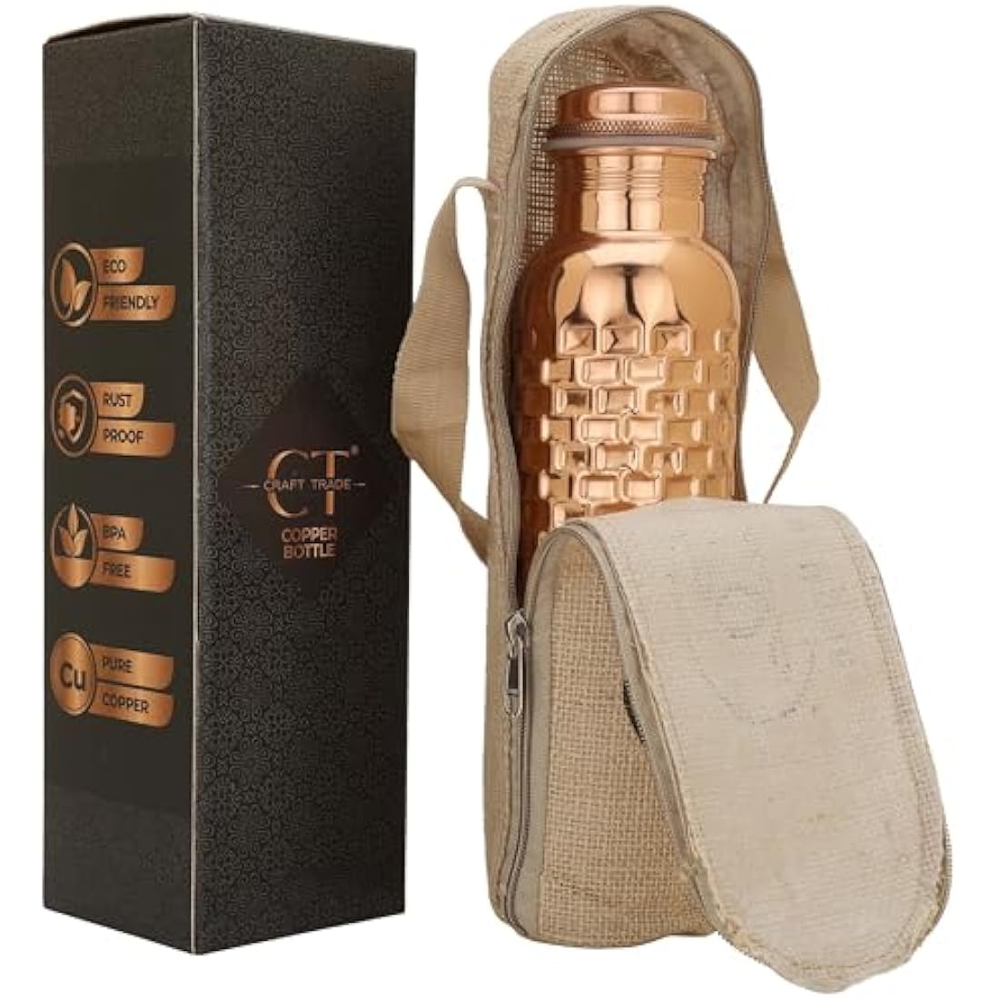Craft Trade Set of 2 Diamond Pure Copper Bottle with Lid and Carry Bag for Drinking Water BPA Free Leak Proof Boosts Immunity & Liver Health, Ayurveda Inspired 34oz - 1 Litre Natural