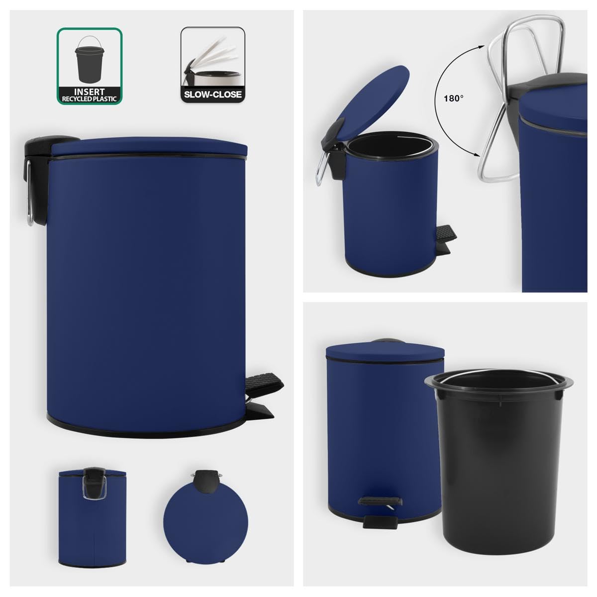 Spirella Adelar Bin 3 Litres Stainless Steel with Automatic Close and Inner Bucket, Soft Close, Matte, Dark Blue