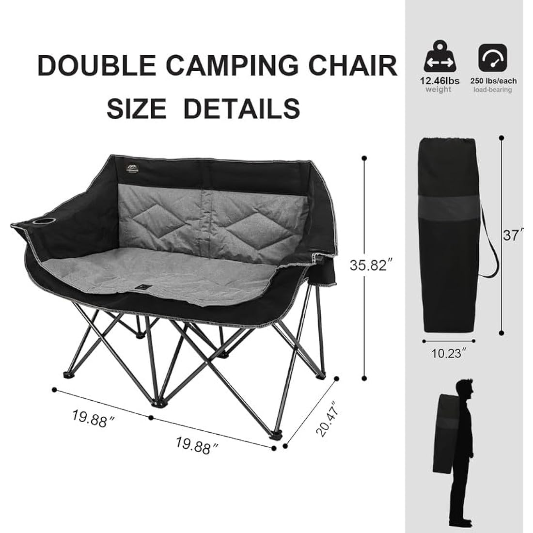 LANMOUNTAIN Folding Loveseat Camping Chair, Portable Double Chair w/Cup Holder,Wine Glass Holder,Carry Bag Heavy Duty Lawn Chair for 2 Adults,Perfect for Camp,Hiking,Picnics and Beach Trips,Black