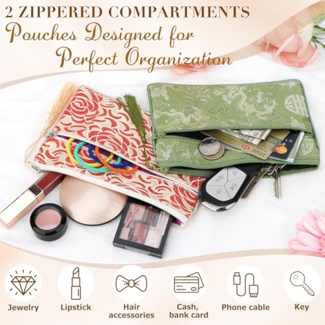 kilofly Chinese Silk Brocade 2 Zipper Pockets Tassel Jewelry Pouch Bag, Set of 2