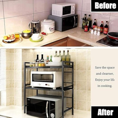 Haipky 3-Tier Expandable Microwave Oven Rack with 6 Hooks, Adjustable Metal Kitchen Shelf Stand for Countertop, Black Baker Rack Organizer