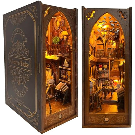 CRIOLPO Book Nook Kit - DIY Dollhouse Booknook, Book Nook Miniature Kit for Bookshelf Insert Decor Crafts for Adults Teens, 3D Wooden Puzzle Bookends with Sensor Led Light (Library of Books)