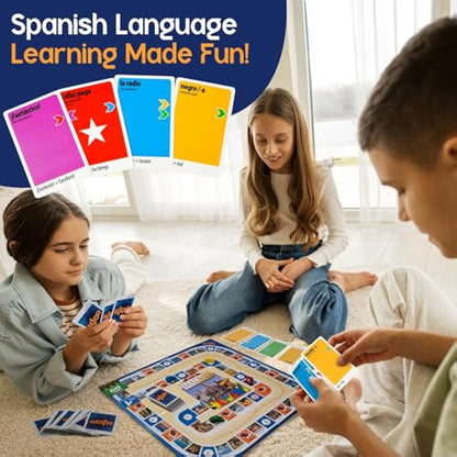 Spanish Board Game – Race to Madrid | Easy to Learn Words, Grammar, Verbs | Fun for Adults, Kids, Beginners, Classroom | 4 Decks Dynamic Flash Cards