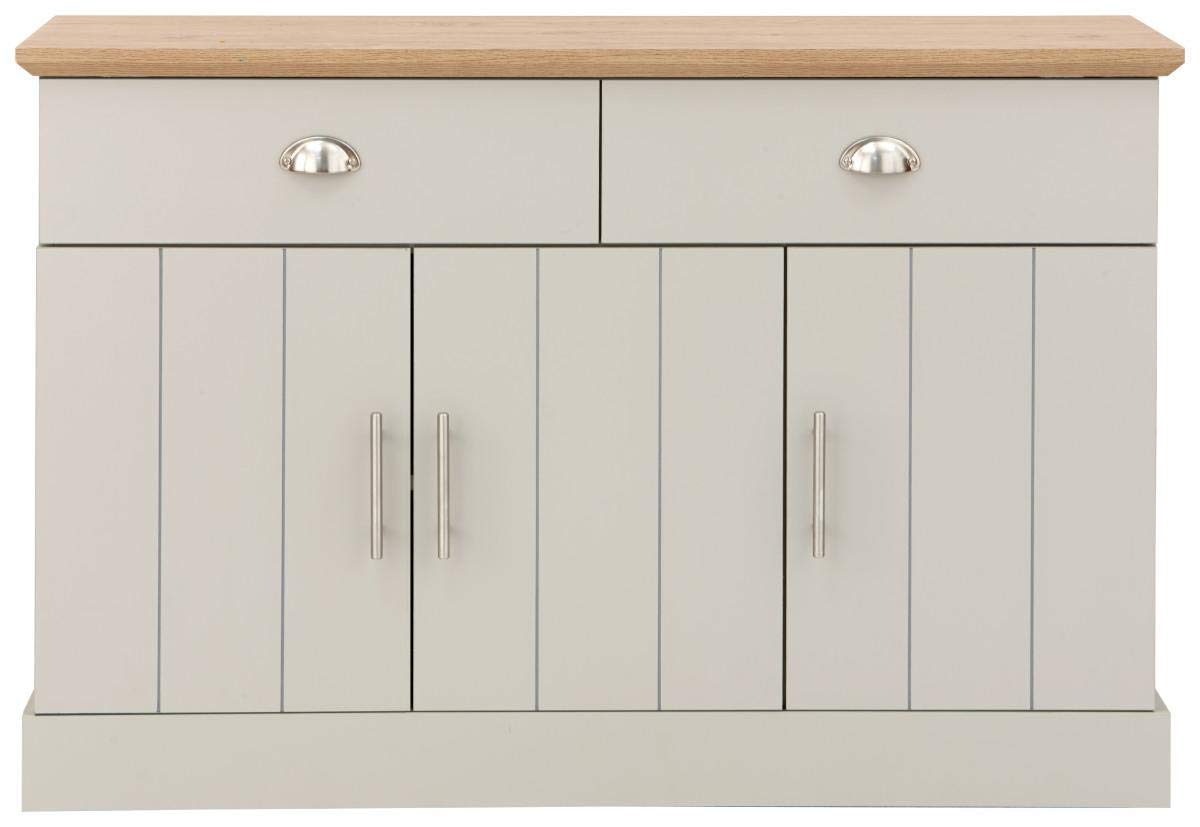 GFW Kendal Grey and Oak Large Sideboard, 3 Door 2 Drawer Storage Cabinet, Country Style Living Room and Dining Room Furniture