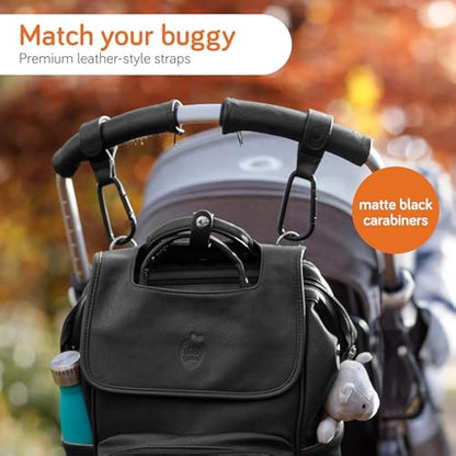 Baby Uma Leather-Style Buggy Clips (2 Pack) - Universal Pram Clips, Non-Slip Buggy Accessories, Carry 5 kg per Carabiner, Baby Travel Essentials (Black)