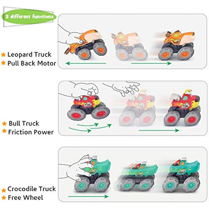MOONTOY Monster Truck Car Toy Set for 1-3 Years, 3-Piece Cartoon Monster Truck Toy Cars, Red, Blue, Green