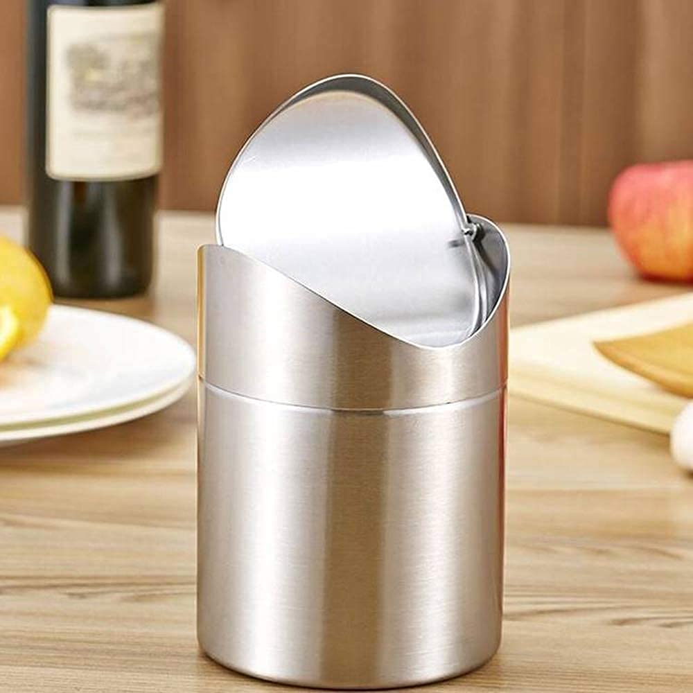 ETRAVEL Mini Desktop Bin with Lid, Brushed Stainless Steel Swing Bin, Nappy Bin Small Desk Indoor Dust bins Car Bathroom Kitchen Waste Containers