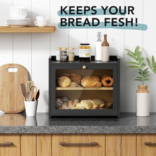 Cookery Wooden Bread Bin with 2 Levels for Bread Storage made of Bamboo (wood) Bread Box Extra Large Storage Box Counter Top for Kitchen Storage (needs to be assembled)