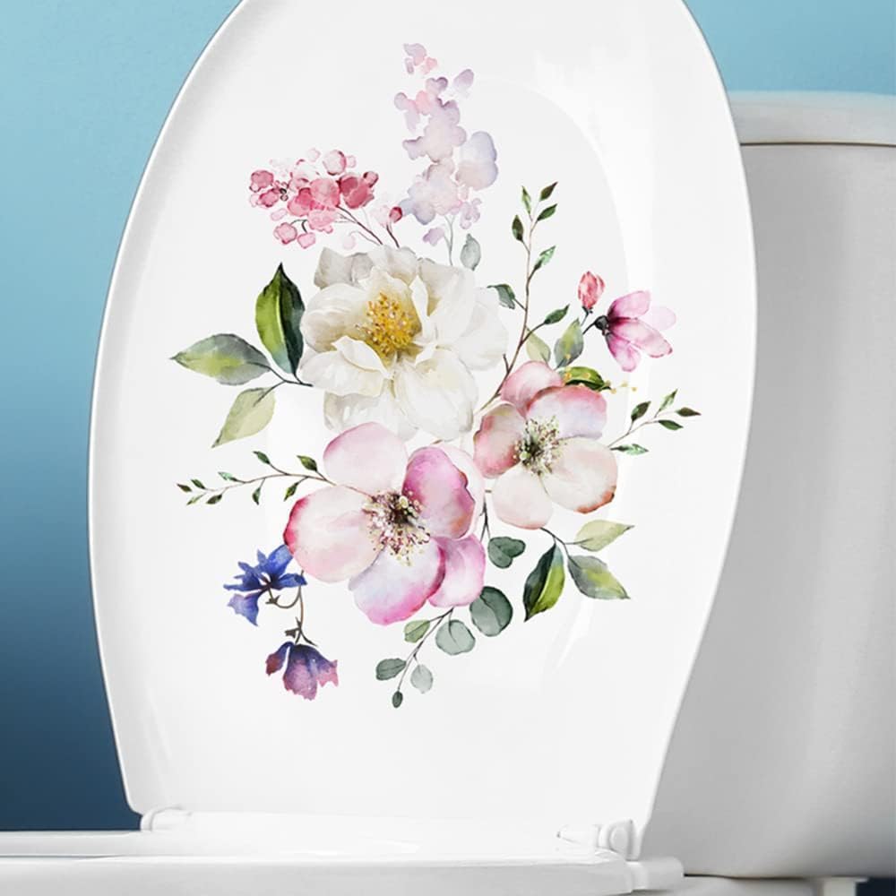 Flowers Toilet Seat Lid Stickers, Toilet Lid Cover Decals Self-Adhesive Removable Bathroom Wall Sticker Flower Pattern for Restroom WC Decorations