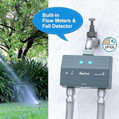 LinkTap D1 Wireless Water Timer & Gateway - 2 Zone Smart Hose Tap Timer, Built-in Flow Meters, Real-Time Fault Detection & Notification, Weather Adaptive, Better Range Than WiFi, IP66, 2-Year Warranty