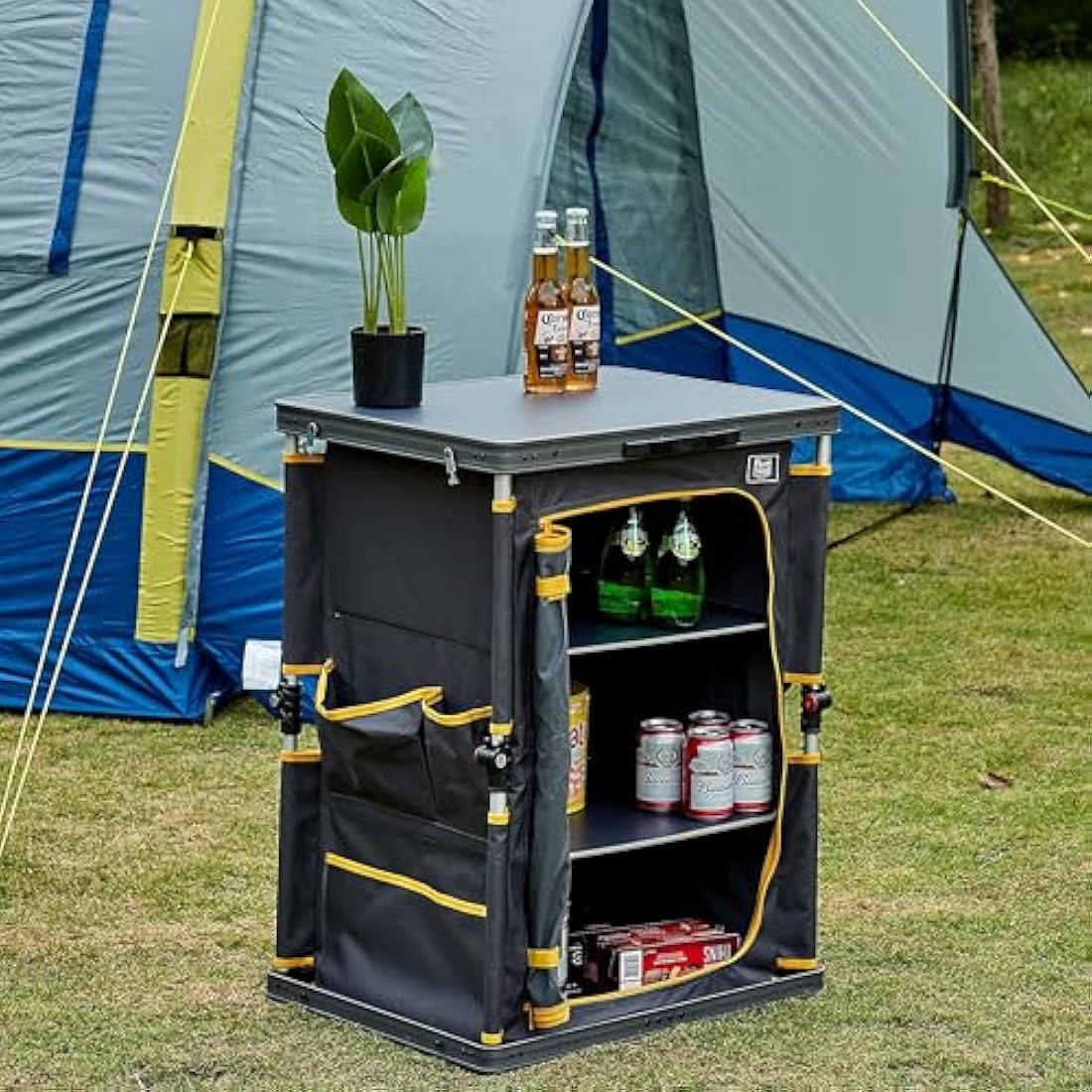 TIMBER RIDGE Compact Camping Storage, Pop Up Folding Camping Kitchen Unit, Camping Furniture Camping Cupboards Cabinet Outdoor 3 Shelf Aluminum Frame Portable for Garden Party Picnic, Supports 30kg