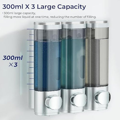modunful Shampoo and Conditioner Dispenser, Shower Dispenser 3 Chamber No Drill Shampoo Dispenser for Shower Wall Mounted Conditioner Body Wash Liquid Soap for Bathroom,Large Capacity,Silver