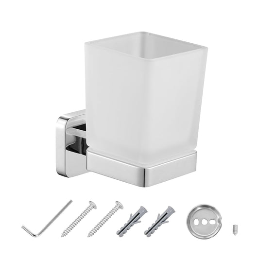 JASSFERRY Wall Mounted Toothbrush Tumbler Holder Single Frosted Glass Tumbler Toothpaste Organizer Storage Square Cup Chrome
